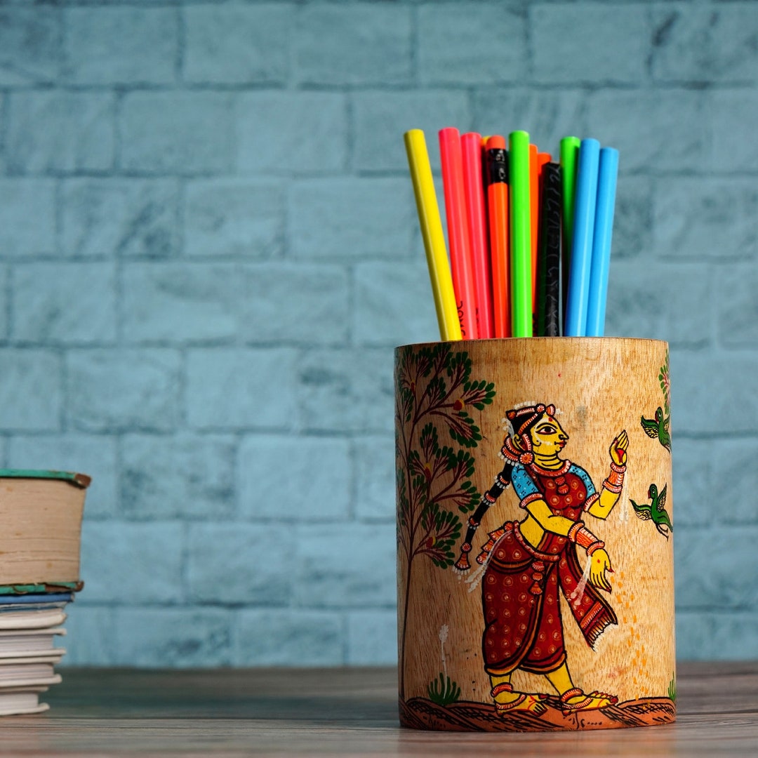Pen Holder, Handmade Hand Painted Pen Holder, Jagannath Art Wooden Pen Stand,  Handicraft Pen, Pencil Brush Holder, Pattachitra Art Pen Stand 