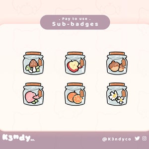 May include: Six illustrated sub-badges featuring various items in glass jars with cork lids and brown paper tags. The items include a mushroom, an apple slice, acorns, a pink fish, an orange slice, and a daisy.
