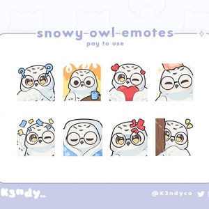 May include: A set of nine digital emoticons featuring a snowy owl with different expressions. The owl is wearing glasses and has a variety of facial expressions, including confused, surprised, and happy. The emoticons are perfect for adding a touch of whimsy to your online conversations.