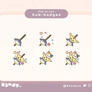 Pode incluir: Seis emblemas de sub-badges de desenho animado que representam um golfinho cinza e branco com um gato amarelo ou um pássaro amarelo no topo. Os emblemas estão sobre um fundo branco com o texto "Pay to use: Sub-badges" na parte superior e "K3ndy... @K3ndyco" na parte inferior.