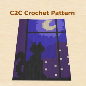 C2C Pattern Graph "Nightview" - Cat sitting by the window. For crochet / knitting / cross-stitch