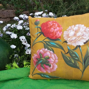 Hand painted peony cushion cover