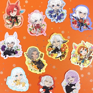 Puede incluir: Un conjunto de diez pegatinas coloridas con personajes de estilo anime con diseños florales y frutales. Los personajes visten todos atuendos diferentes y tienen diferentes expresiones. Las pegatinas son perfectas para agregar un toque de fantasía a tu computadora portátil, teléfono o botella de agua.