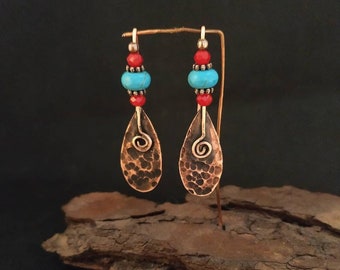 Hammered copper teardrop earrings, turquoise and copper earrings, spiral copper earrings, handmade rustic jewelry