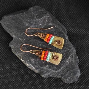 brass and copper earrings, hammered brass earrings, boho earrings