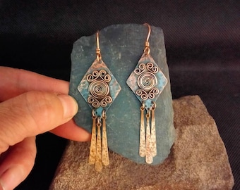 large ethnic earrings, long copper earrings, rhombus earrings, dangle drop rustic earrings