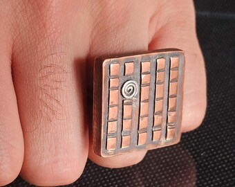 Koperen statementring, grote vierkante ring, koperen en zilveren ring, vierkante ring, puur koperen ring, designerring, koperen ring