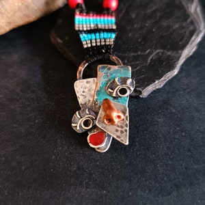 Picasso face necklace, rustic copper and silver necklace, cubist art necklace, abstract face necklace, designer statement necklace