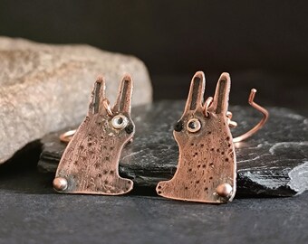 Bunny earrings, cute rabbit earrings, rustic copper jewelry, fun earrings