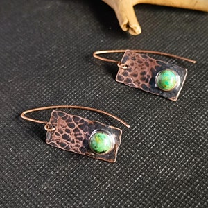 copper and turquoise earrings, hammered copper earrings, rustic copper dangle earrings, natural african turquoise earrings