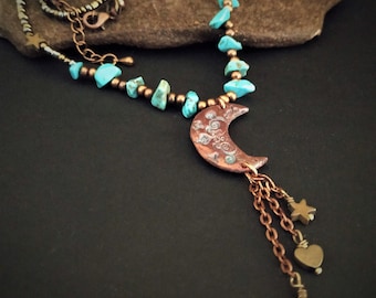 Copper crescent moon necklace, natural turquoise jewelry, copper moon pendant necklace, moon and stars necklace, rustic jewelry