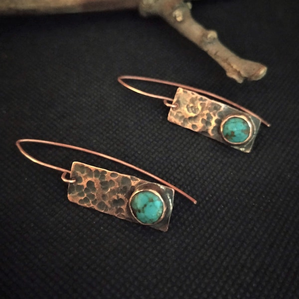 copper and turquoise earrings, hammered copper earrings, rustic copper dangle earrings