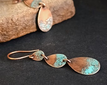 Pure copper tear drop earrings, long dangle teardrop earrings, blue patina earrings, rustic copper jewelry, mom gift
