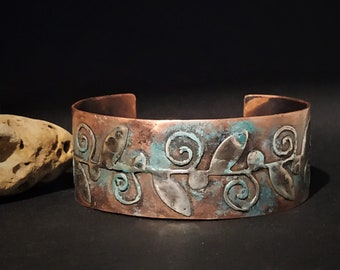 Hammered copper bracelet, wide copper cuff, copper and silver bangle bracelet, patina bracelet, oxidized jewelry