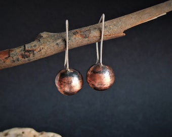 copper ball earrings, sphere drop earrings, rustic ball earrings, copper round earrings