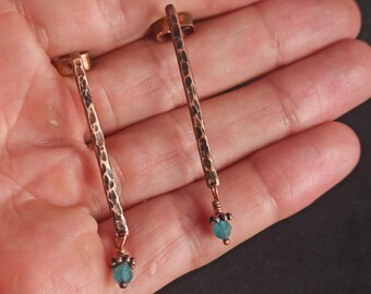 Hammered copper bar earrings, apatite long bar earrings, copper stud earrings, handmade rustic jewelry