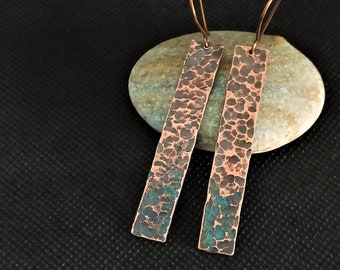 Long copper earrings, rustic hammered texture, hammered copper earrings, patina copper earrings, 7th anniversaty copper gift