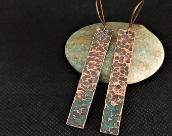 Long copper earrings, rustic hammered texture, hammered copper earrings, patina copper earrings, 7th anniversary copper gift