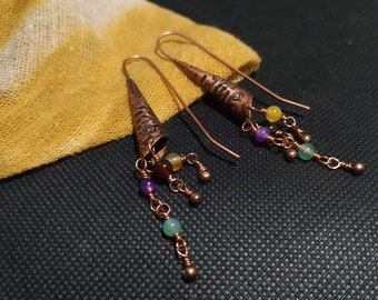 Agate drop earrings, antique earrings, long textured copper earrings, drop copper earrings, copper indian earrings, cone earrings