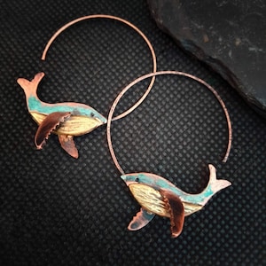 Whale open hoop earrings, copper and brass whale earrings, copper rustic jewelry, simple animal earrings, blue whale earrings