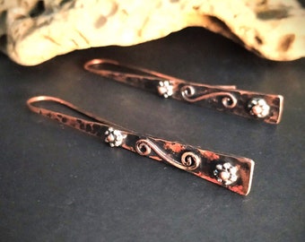Pure copper bar earrings, art deco earrings, hammered copper earrings, dangle drop flower earrings, mixed metal earrings