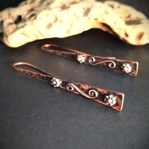 Pure copper bar earrings, art deco earrings, hammered copper earrings, dangle drop flower earrings, mixed metal earrings