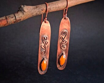 Long copper earrings, dangle drop rustic earrings, pure copper earrings, antique earrings, colored glass earrings, fun earrings