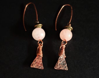 Rose quartz earrings, Rustic copper earrings, Pink quartz bead earrings, Simple earrings, hammered copper jewelry