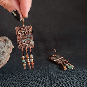 Copper spiral earrings, antique earrings, ethnic jewelry, handmade rustic jewelry, drop dangle boho earrings, ethnic earrings