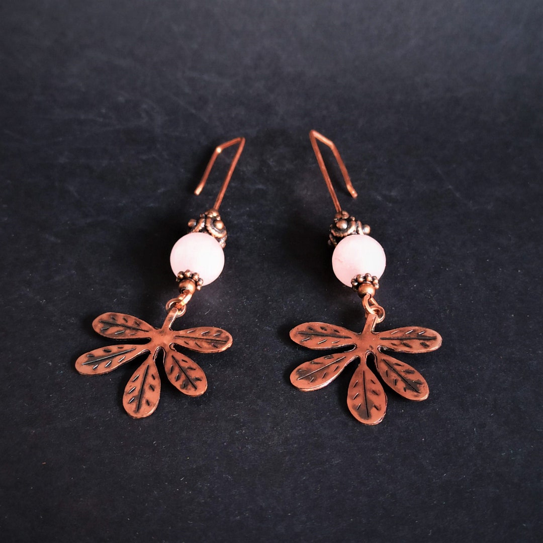 Copper Flower Earrings, Rustic Jewelry, Rose Quartz and Copper Earrings