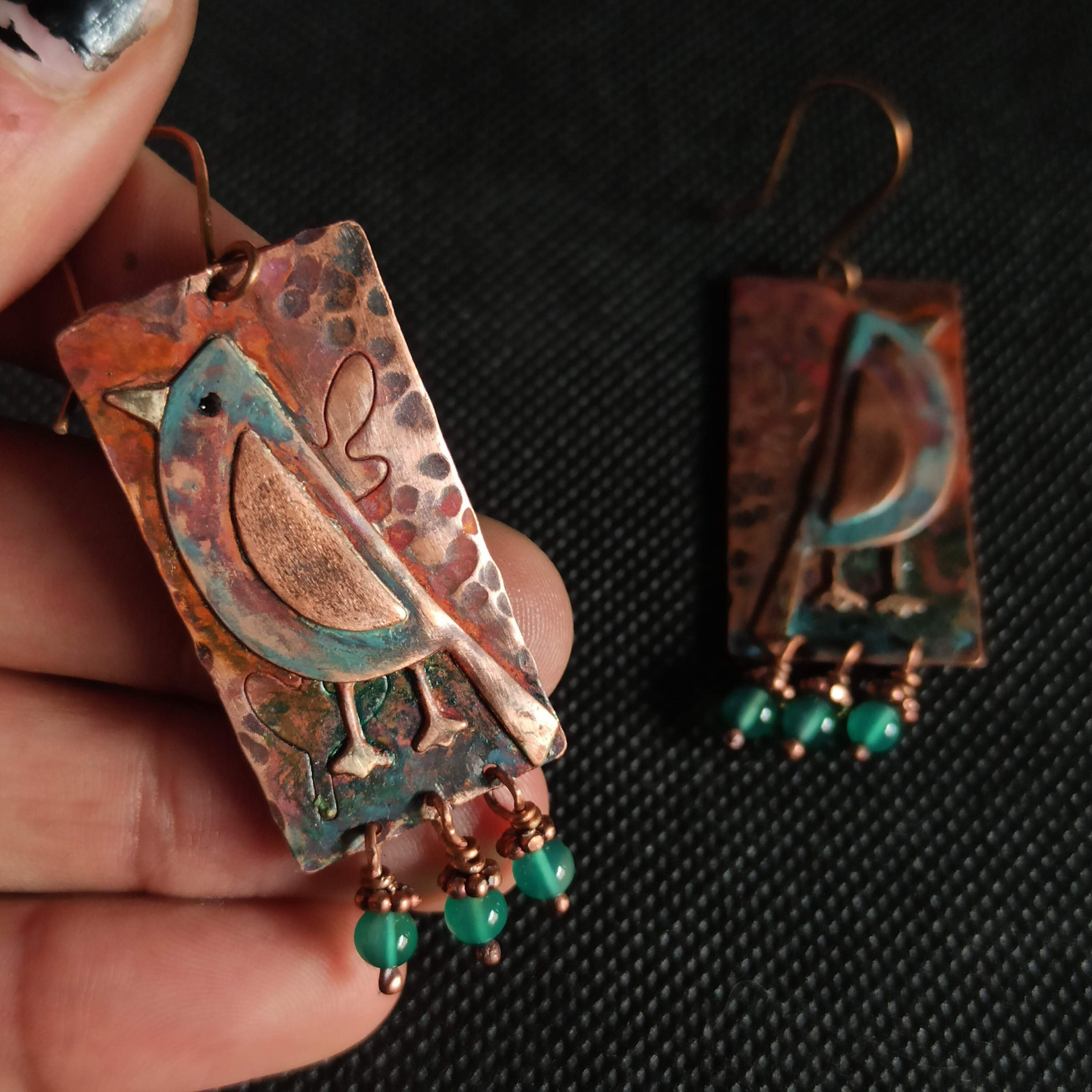copper bird earrings, rustic dangle earrings, copper and agate earrings, blue bird earrings, fun earring
