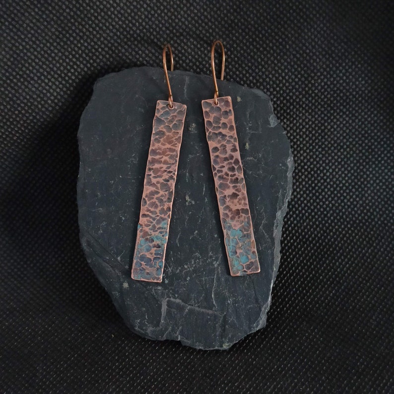 Long copper earrings, rustic hammered texture, hammered copper earrings, patina copper earrings, 7th anniversaty copper gift image 9