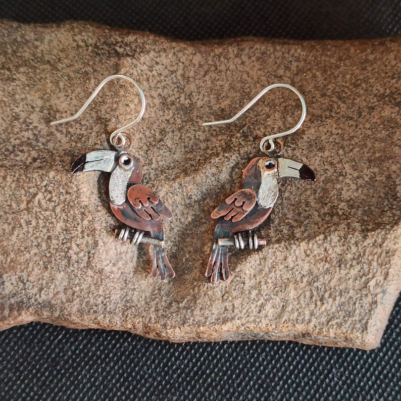 May include: A pair of toucan earrings made of copper and silver. The toucans are painted with brown, white, and black accents. The earrings are hanging from silver hooks.