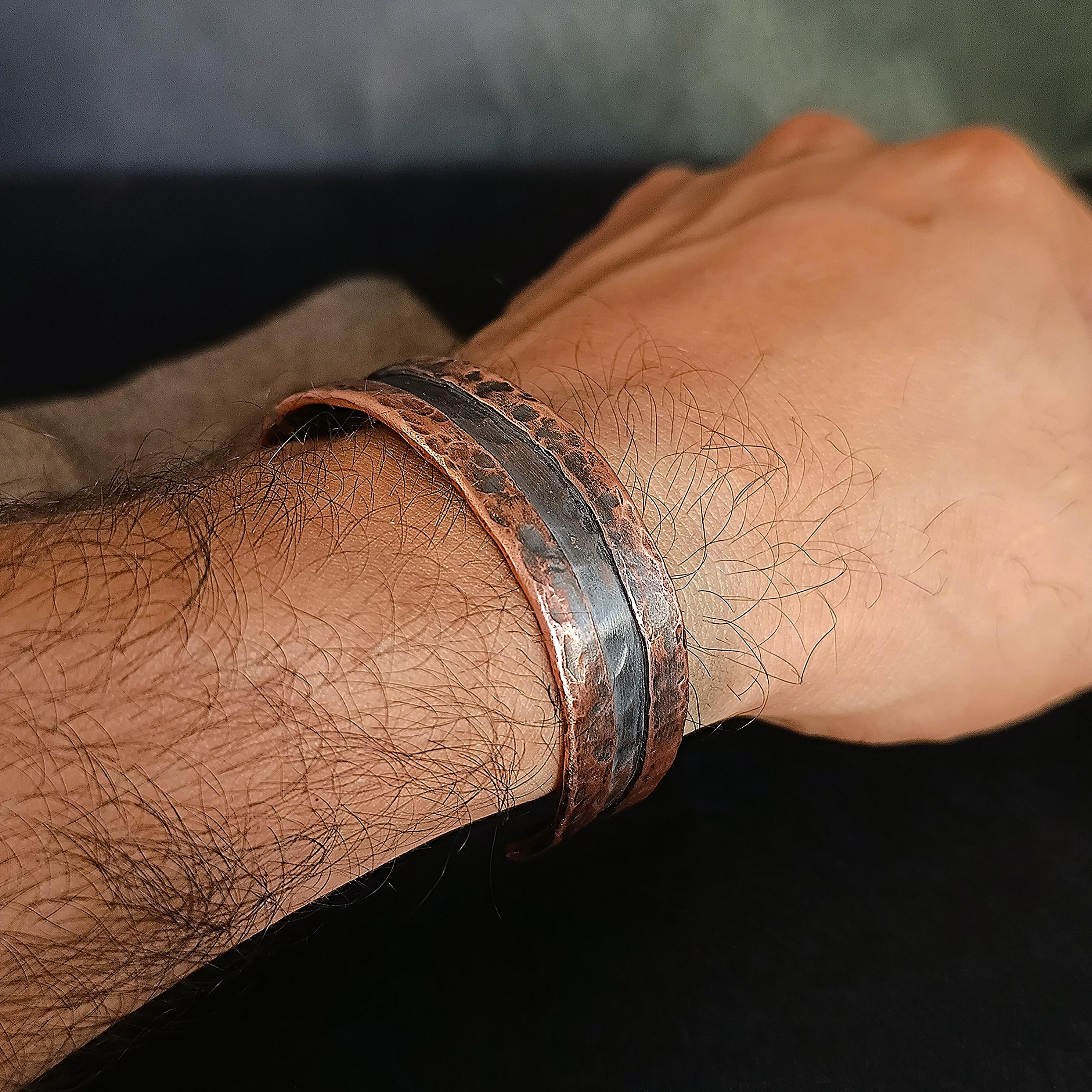 Bracelet Viking En Cuivre Martelé - Perle Et Flèche, Oxydé, Fait Main, Manchette