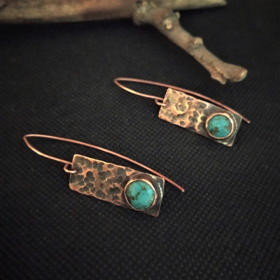 Copper and Turquoise Earrings Hammered Copper Earrings Rustic Copper Dangle Earrings Etsy UK