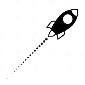 May include: A black and white illustration of a rocket ship with a dotted trail. The rocket has a circular window and angled fins. The dotted trail extends diagonally from the rocket, suggesting movement.