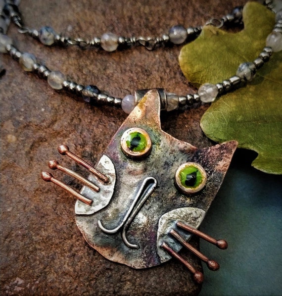 Cat Face Necklace 925 Sterling Silver and Copper Cat Necklace
