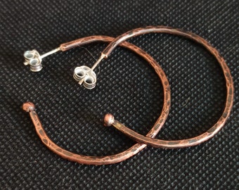 Pure Copper Hoop Earrings, Post Hoop Earrings, Copper hoops with post backs, Bohemian Hoop Earrings, Modern Earrings, Sterling posts