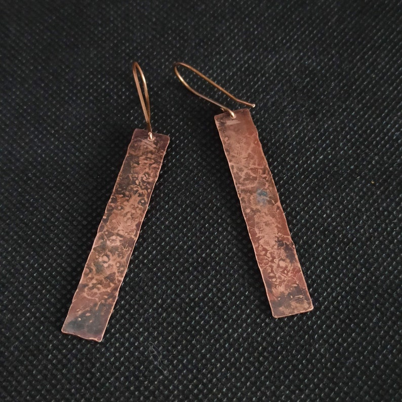 Long copper earrings, rustic hammered texture, hammered copper earrings, patina copper earrings, 7th anniversaty copper gift image 7