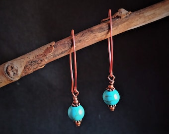 turquoise bead earrings, copper and turquoise earrings, natural turquoise earrings, dangle drop turquoise earrings, copper jewelry, mom gift