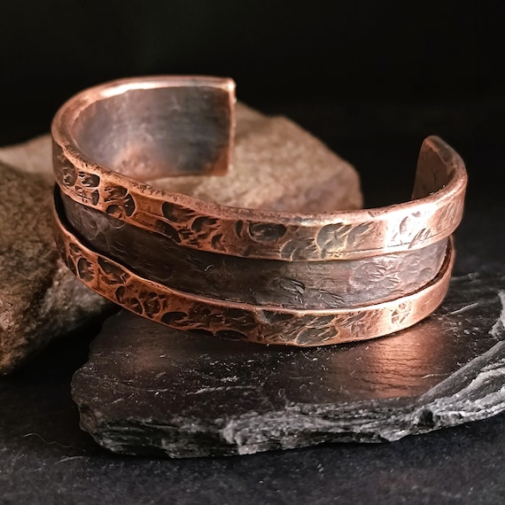 Hammered Copper Bracelet, Heavy Open Cuff Bangle, Rustic Viking