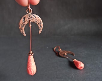 Pendientes largos de cobre con forma de luna, pendientes colgantes, pendientes de media luna, pendientes de cobre martillado, pendientes llamativos