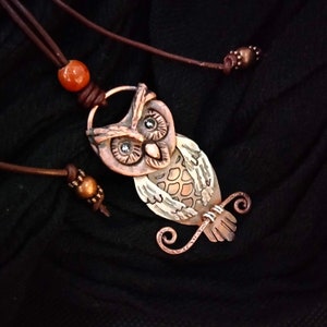 owl necklace, rustic owl pendant, owl totem necklace, copper bird necklace, power animal owl