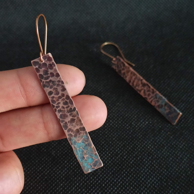 Long copper earrings, rustic hammered texture, hammered copper earrings, patina copper earrings, 7th anniversaty copper gift image 3