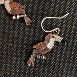 May include: A pair of toucan earrings made of copper and silver. The toucans are painted with brown, white, and black accents. The earrings have silver hooks.