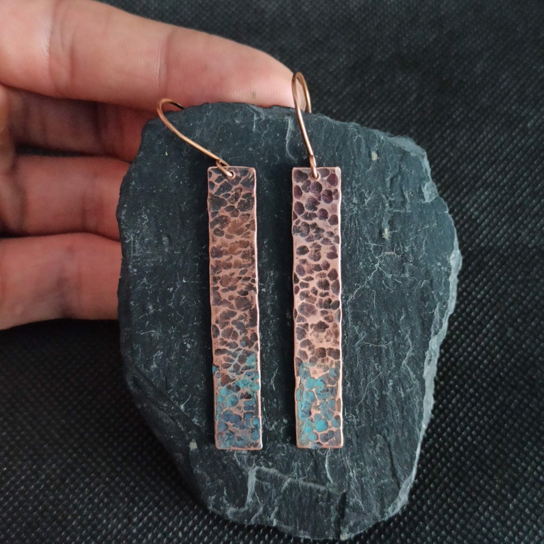 Long copper earrings, rustic hammered texture, hammered copper earrings, patina copper earrings, 7th anniversaty copper gift image 4