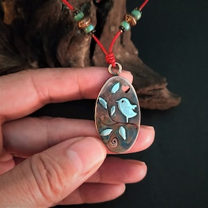 Bird pendant necklace, Copper and sterling silver necklace, Animal lover jewelry, Rustic pendant, Bird on branch necklace