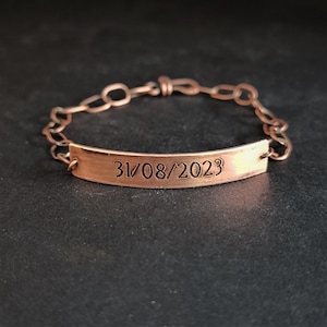 Personalized Copper Anniversary Bracelet: Engraved Date, Gift for Wife