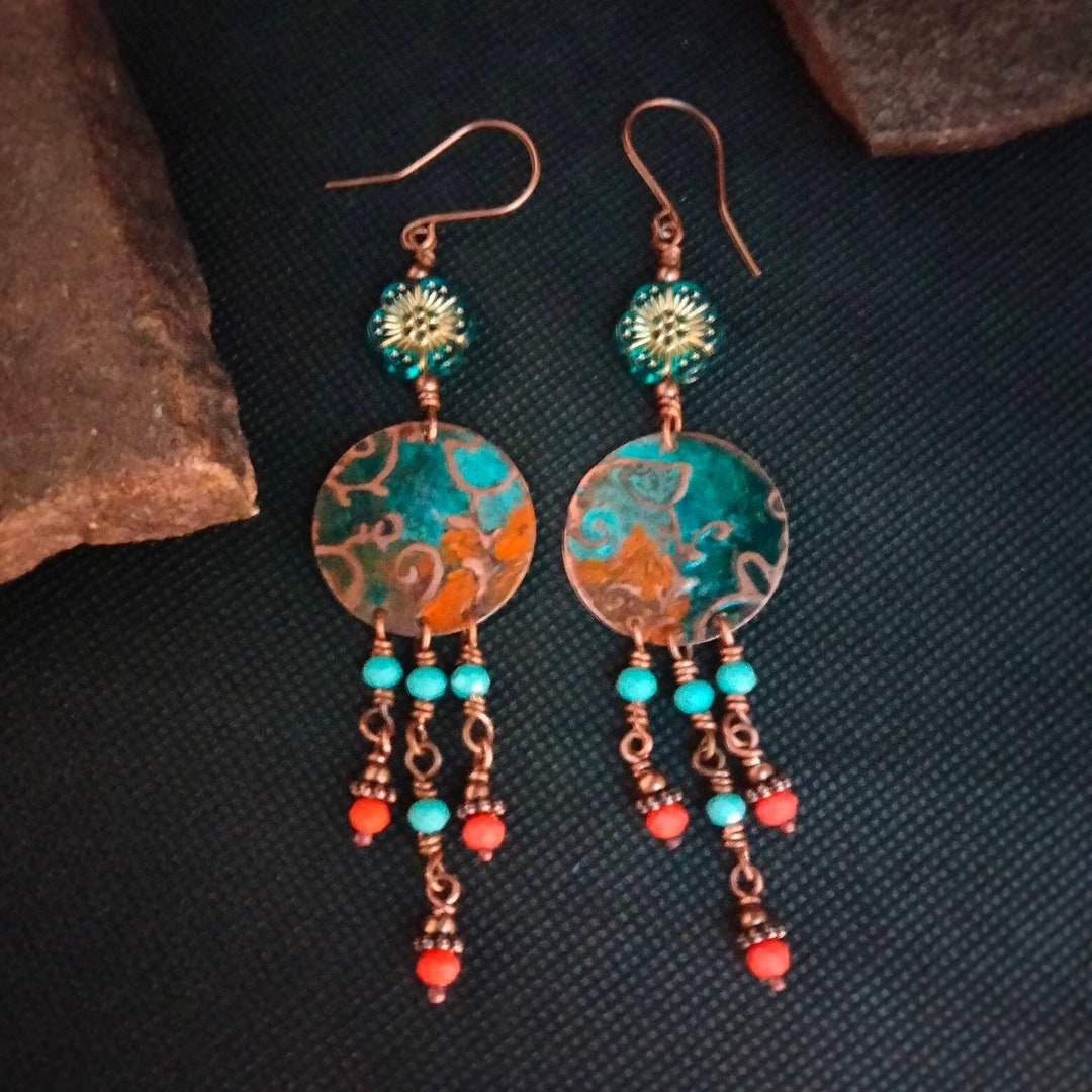 Copper Dangle Earrings Patina Copper Drop Earrings Blue - Etsy