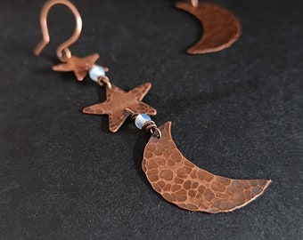 Pendientes largos de estrellas de cobre, pendientes de luna y estrella, pendientes colgantes grandes, pendientes de cobre martillado, joyas de cobre puro